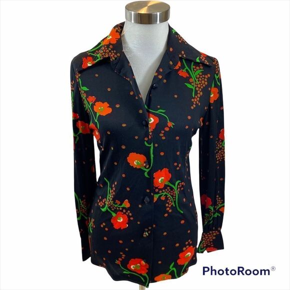 Ladies Vintage Leslie J Poppy Print Button Down - Picture 2 of 15